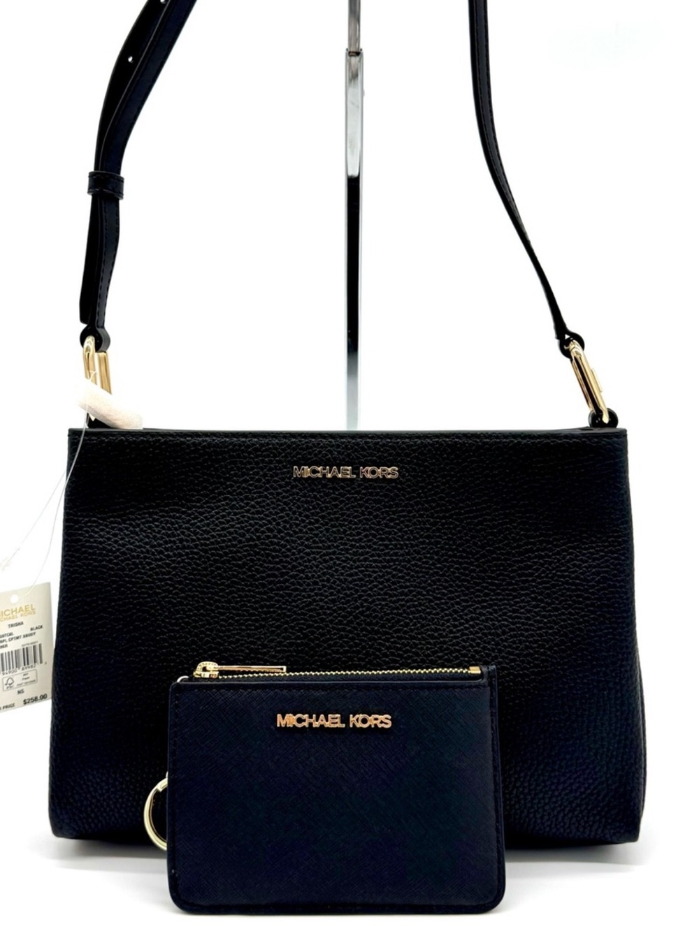 Michael Kors Trisha Medium Pebbled Leather Crossbody Bag w Matching TZ Coinpouch